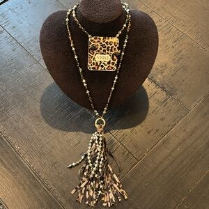 Leopard Tassel Sparkle Beaded Necklace Long Bling Leather Western Boho Set